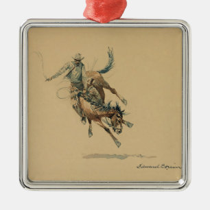 Ornamento De Metal Cowboy em um Cavalo Saltitante #3 por Edward Borei