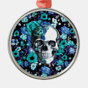 Ornamento De Metal Crânio floral retro azul e da hortelã