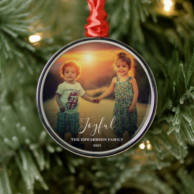 Ornamento De Metal Create your own family photo joyful script (Árvore)