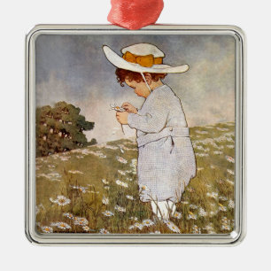 Ornamento De Metal Criança Antiga Colhendo Margaridas Bessie Pease Gu