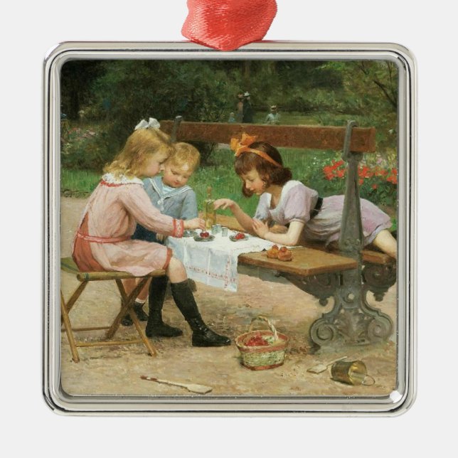 Ornamento De Metal Crianças tendo chá à tarde no parque (Frente)