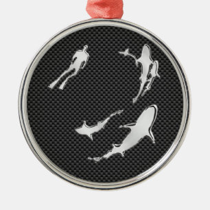 Ornamento De Metal Cromo como mergulhador com tubarões em fibra de c