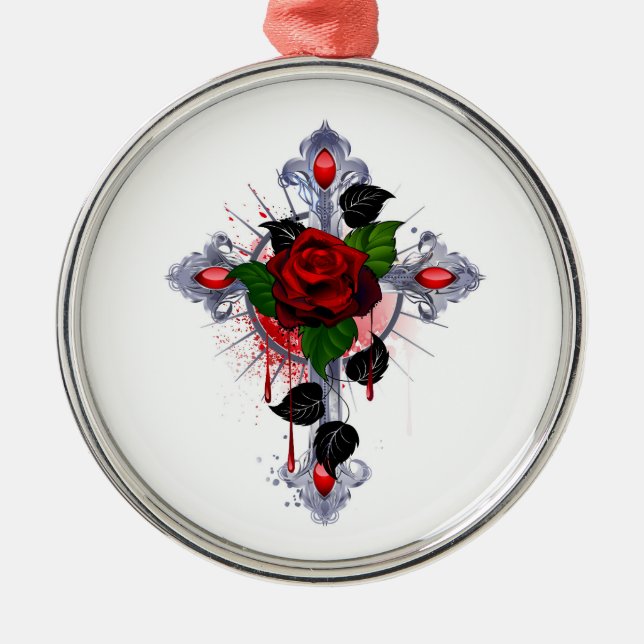 Ornamento De Metal Cruz de Prata com Rosa vermelha (Frente)