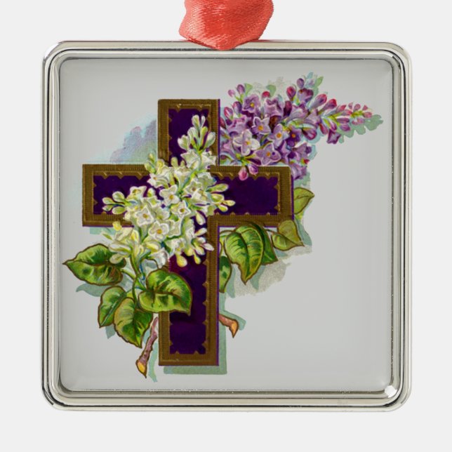 Ornamento De Metal Cruz Roxa E Flores (Frente)