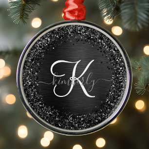 Ornamento De Metal Custom Black Glitter Sparkle Monogram