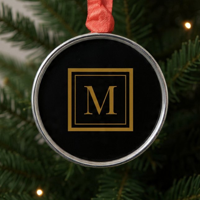 Ornamento De Metal Custom Black & Gold Framed Monogram (Criador carregado)