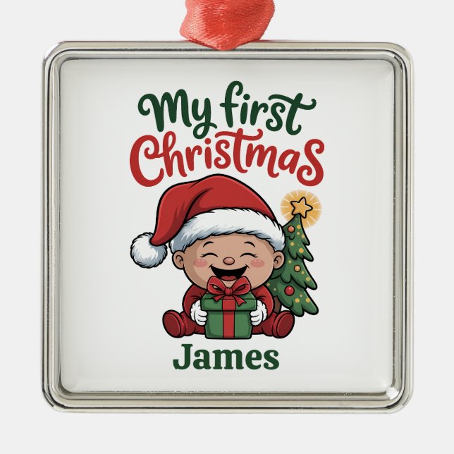 Ornamento De Metal Custom Name Baby’s First Christmas (Frente)