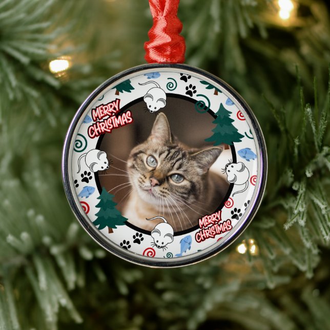 Ornamento De Metal Custom Personalized Cat Pet Photo Christmas (Árvore)