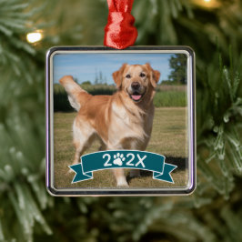 Ornamento De Metal Custom Pet Photo with Year and Paw Ribbon