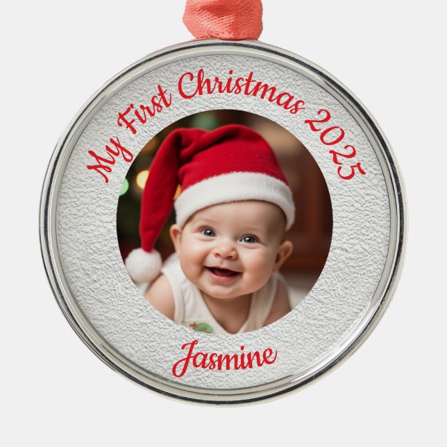 Ornamento De Metal Customisable Baby's First Christmas Premium Round (Frente)