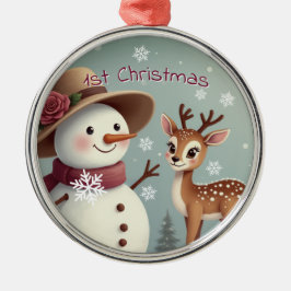 Ornamento De Metal Cute Deer And Snowman Holiday