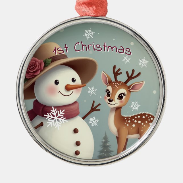 Ornamento De Metal Cute Deer And Snowman Holiday (Frente)
