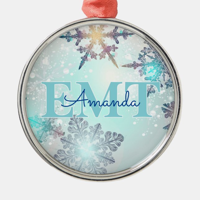 Ornamento De Metal Cute EMT Ice Blue Snowflake Personalized Name  (Frente)