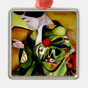 Ornamento De Metal Cute Geisha com arte original verde kimono
