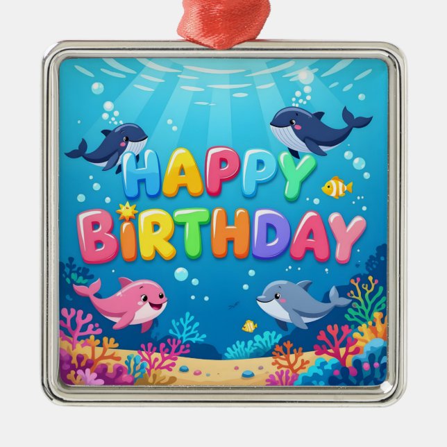 Ornamento De Metal Cute Happy Birthday nautical dolphin (Frente)