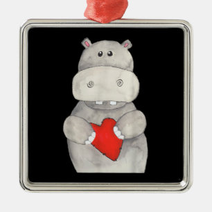 Ornamento De Metal Cute Hippo Hippopotamus Segurando Coração Love H