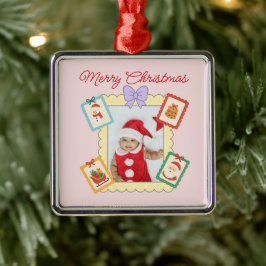 Ornamento De Metal Cute Holiday Keepsake with Festive Pastel Frames
