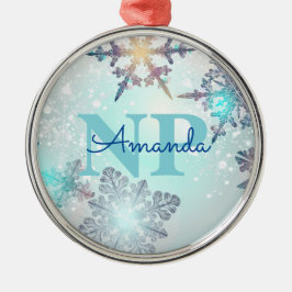 Ornamento De Metal Cute Ice Blue Snowflake Personalized Name NP Nurse