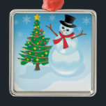 Ornamento De Metal Cute Snowman<br><div class="desc">Um bonitão com flocos de neve e árvore de Natal decorada é tão festivo para as férias.</div>
