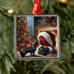 Ornamento De Metal Dachshund e Papai Noel