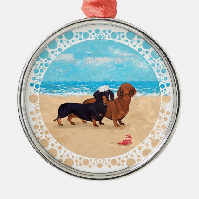Ornamento De Metal Dachshunds na Praia (Frente)