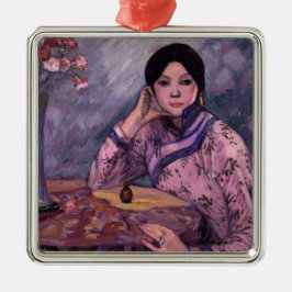 Ornamento De Metal Dama Japonesa com uma Garrafa de Perfume