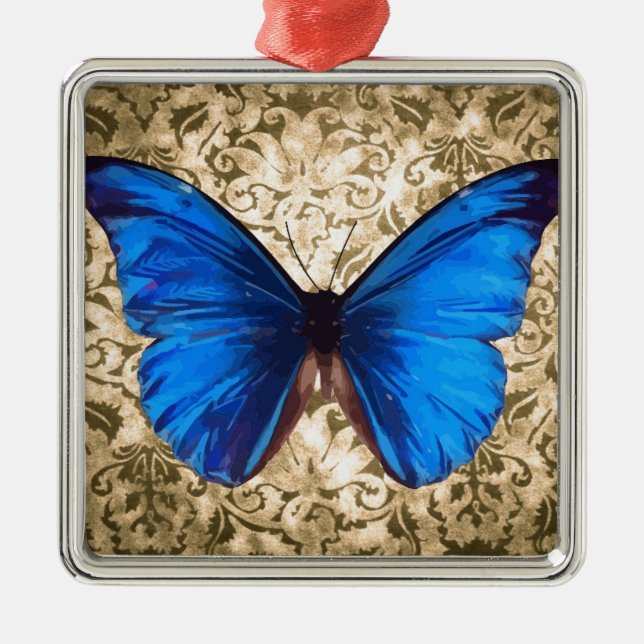 Ornamento De Metal Damasco de borboleta azul Monarca (Frente)