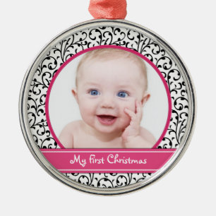 Ornamento De Metal Damask Baby's First Christmas Ornament