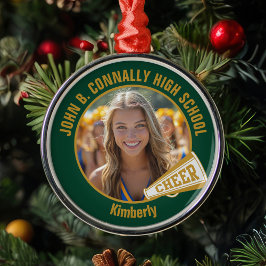 Ornamento De Metal Dark Green Gold Cheerleader Photo Christmas