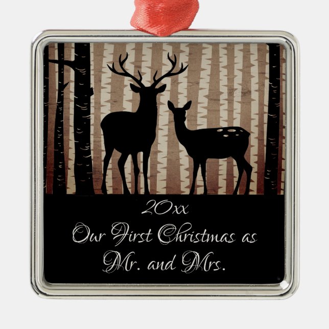 Ornamento De Metal Deer Rustic Woodland Primeiro Natal como Sr. e Sra (Frente)