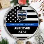 Ornamento De Metal Departamento de Polícia Logotipo Personalizado Pol<br><div class="desc">Enfeites de natal do Departamento de Polícia da Linha Azul - bandeira americana em cores de bandeira policial, design azul e preto moderno. Personalize com o logotipo do seu departamento e personalize com o nome e o número do crachá dos policiais. Este ornamento personalizado de polícias é perfeito para departamentos...</div>