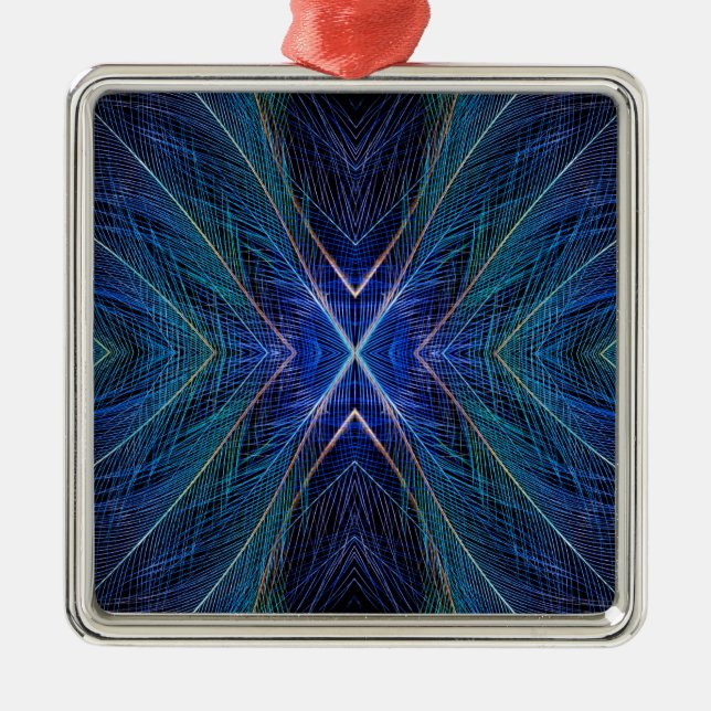Ornamento De Metal Desenho de Pena Fractal Azul (Frente)