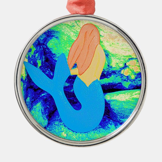 Ornamento De Metal design da sereia de cauda azul (Frente)