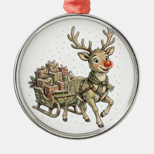Ornamento De Metal Design de cartão de Natal retrô com trenó de rena