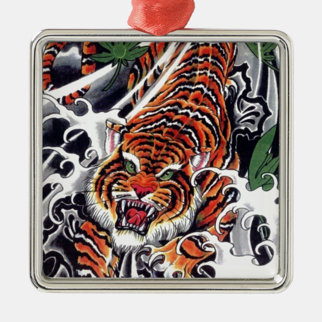 Ornamento De Metal Design de Tigre e Mapeamento Japonês (Frente)