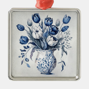 Ornamento De Metal Design de tulipa do estilo Delft azul e branco