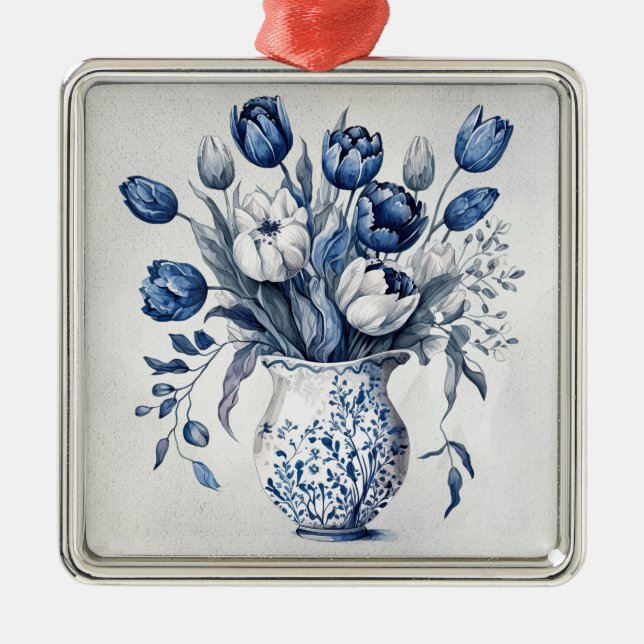 Ornamento De Metal Design de tulipa do estilo Delft azul e branco (Frente)