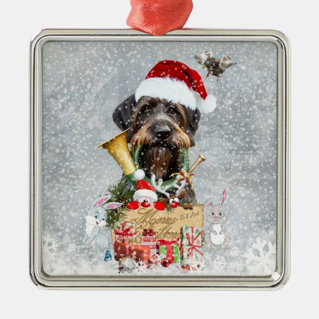 Ornamento De Metal Deutsch Drahthaar, Feliz Natal! (Frente)