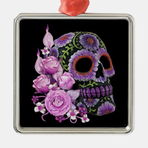 Ornamento De Metal Dia preto floral cor-de-rosa do crânio do açúca