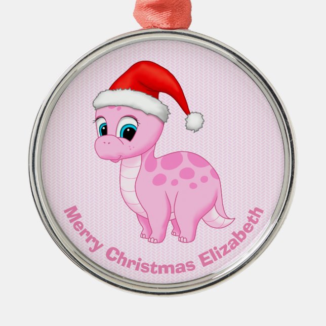 Ornamento De Metal Dinossauro Bebê Rosa Bonito com Santa Hat (Frente)