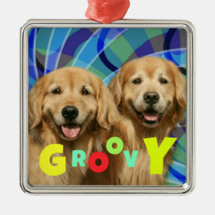 Ornamento De Metal Dois Cães Retro-Ouro Retriever Cães Psicodélico