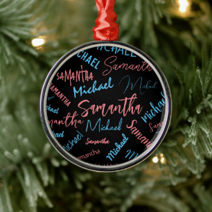 Ornamento De Metal Dois nomes casal padrão monograma rosa claro azul
