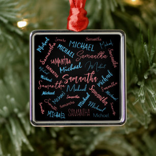 Ornamento De Metal Dois nomes casal padrão monograma rosa claro azul