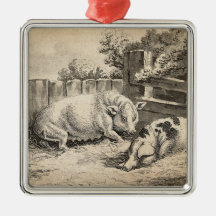 Dois porcos deitados em palha em uma cerâmica de C