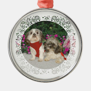 Ornamento De Metal Dois Shih Tzus em um Jardim