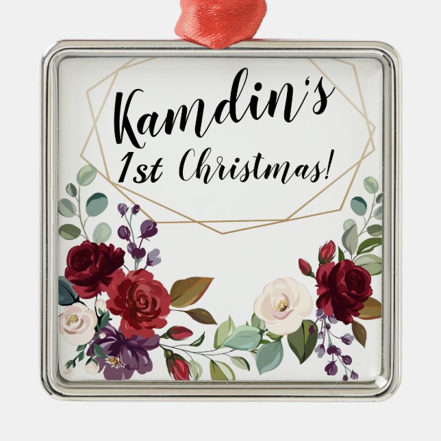 Ornamento De Metal Dourada geométrica  das rosas brancas personalizad (Frente)