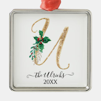 Ornamento De Metal Dourado Monograma U Folhagem de Holly de Natal Gli