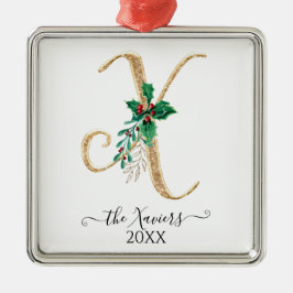Ornamento De Metal Dourado Monograma X Folhagem Holly de Natal Glitte