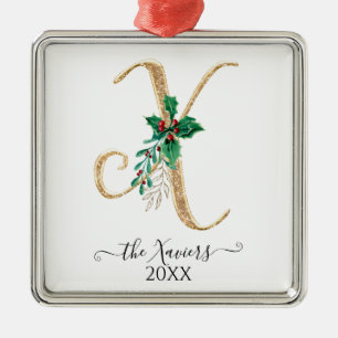 Ornamento De Metal Dourado Monograma X Folhagem Holly de Natal Glitte