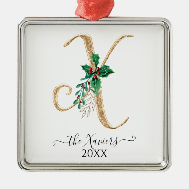 Ornamento De Metal Dourado Monograma X Folhagem Holly de Natal Glitte (Frente)